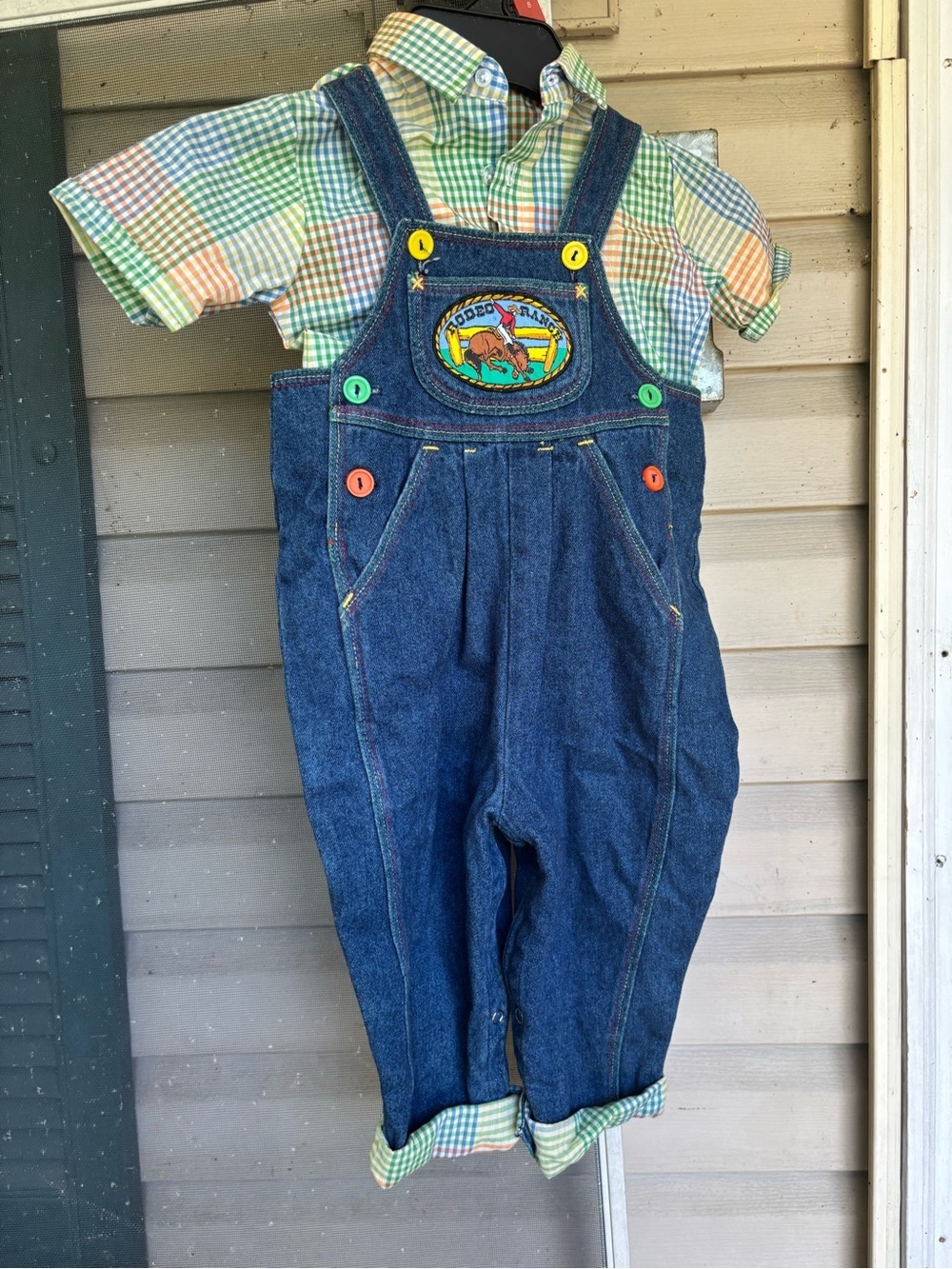 OshKosh B'gosh Blue Denim Overalls with Multicolor Buttons - Picture 3 of 11